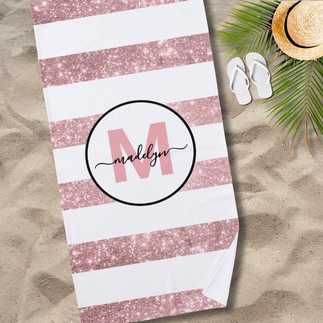 Rose Gold Blush Pink Stripe Name Monogram Beach Towel (Rose Gold Blush Pink Stripe Name Monogram Beach Towel )