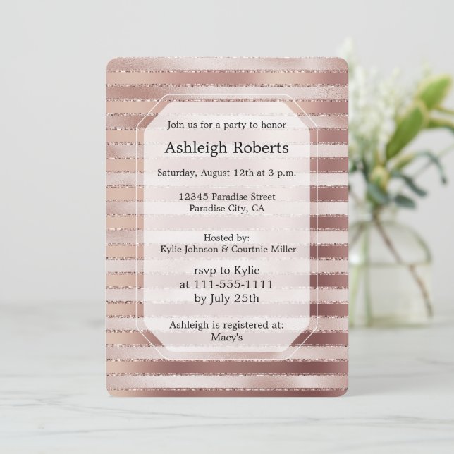 Rose Gold Blush Pink Stripes Glitz Bridal Shower Invitation (Standing Front)