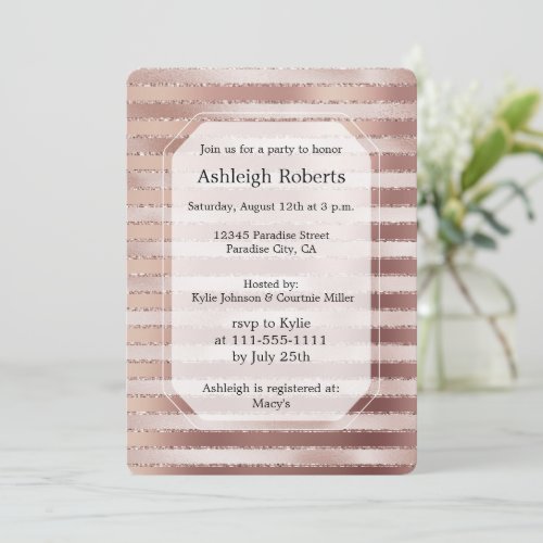 Rose Gold Blush Pink Stripes Glitz Bridal Shower Invitation