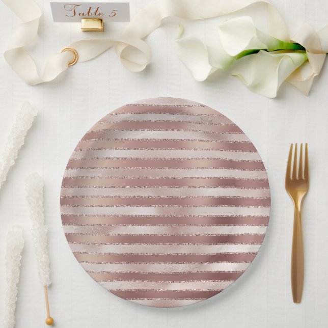 Rose Gold Blush Pink Stripes Glitz Paper Plates (Wedding)