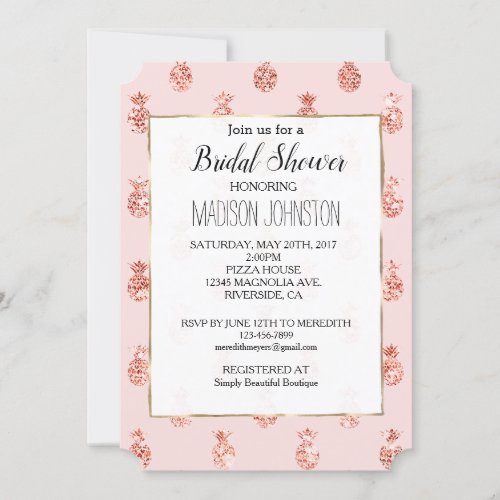 Rose Gold Blush Pink Tropical Glitter Pineapples Invitation