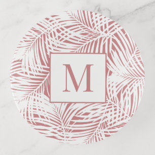 Rose Gold Blush Pink Tropical Leaf Monogrammed Trinket Tray