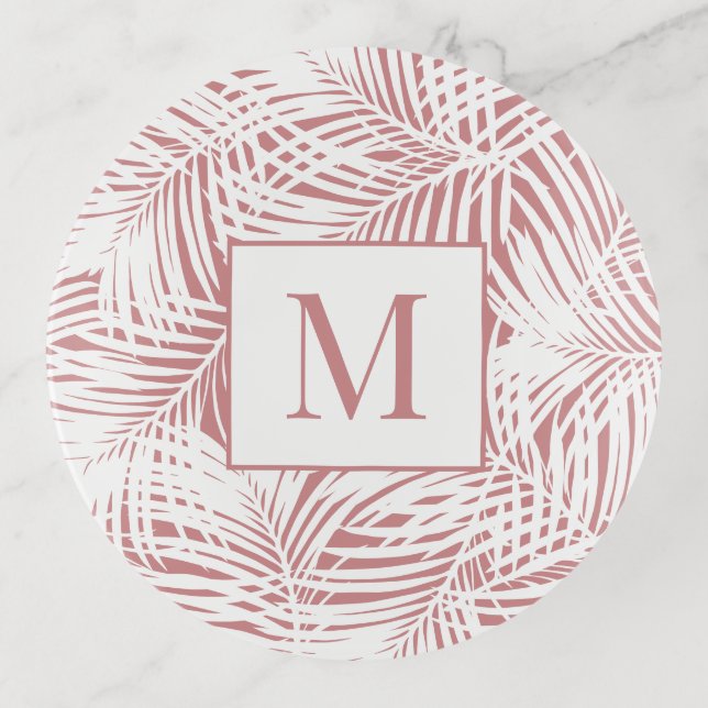 Rose Gold Blush Pink Tropical Leaf Monogrammed Trinket Tray (Front)