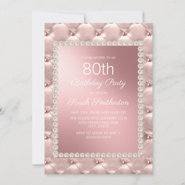 Rose Gold Blush Pink White 80th Birthday Party Invitation (Front)