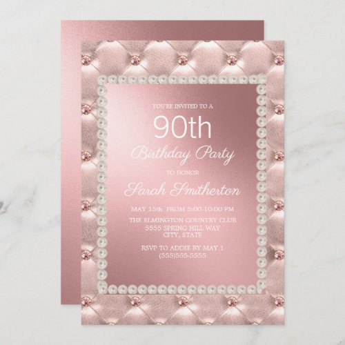 Rose Gold Blush Pink White 90th Birthday Party Invitation