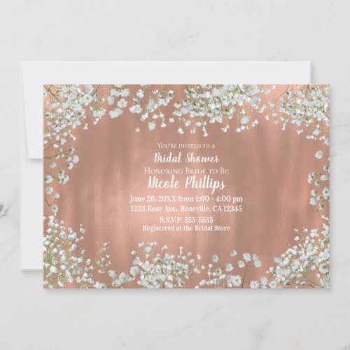 Rose Gold Blush Pink White Babys Breath Bridal Invitation