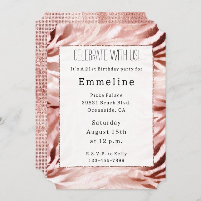 Rose Gold Blush Pink Zebra Invitation (Front/Back)