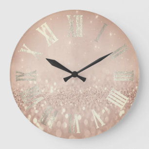 Rose Gold Blush Powder Glitter Metal Roman Numers Large Clock