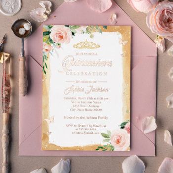 Rose Gold Blush Quinceanera Floral Sparkle Tiara   Foil Invitation by LittleBayleigh at Zazzle