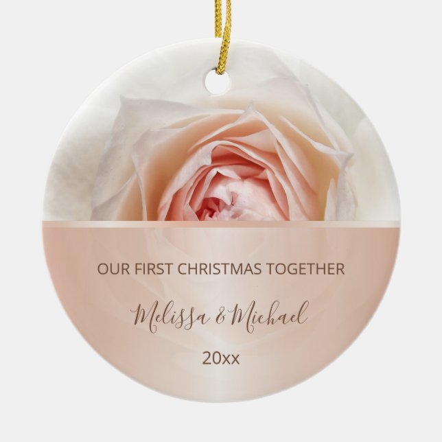 Rose Gold Blush Rose | First Christmas Custom Ceramic Ornament (Front)