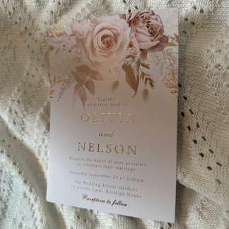 Rose Gold Blush Roses Dusty Rose Gold Wedding Foil Invitation