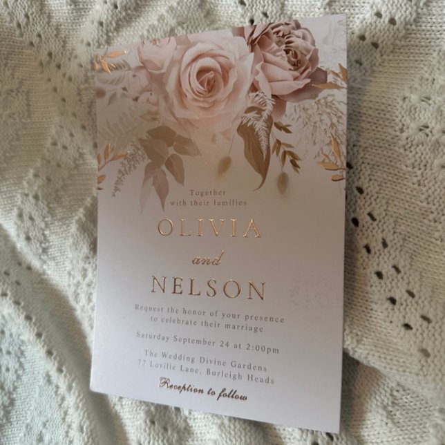 Rose Gold Blush Roses Dusty Rose Gold Wedding Foil Invitation (Creator Uploaded)