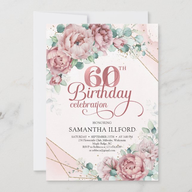 Rose gold blush roses eucalyptus greenery chic invitation (Front)