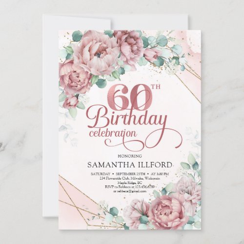 Rose gold blush roses eucalyptus greenery chic invitation