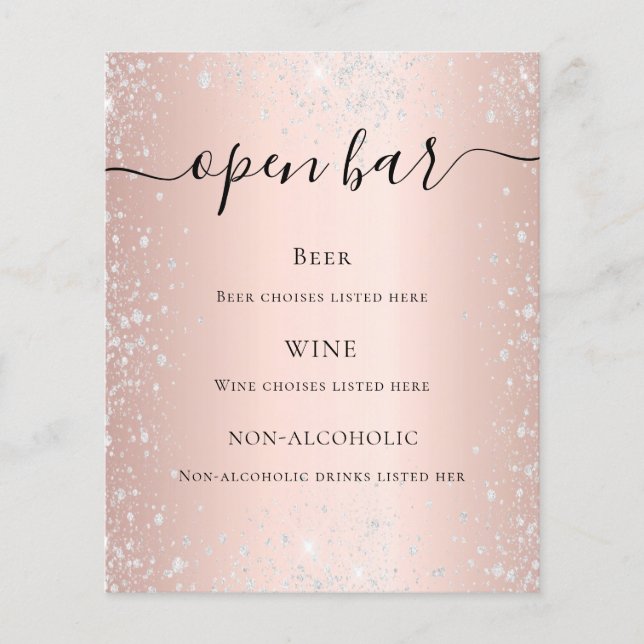 Rose gold blush silver glitter budget bar menu  flyer (Front)