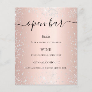Rose gold blush silver glitter budget bar menu flyer