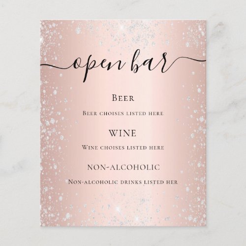 Rose gold blush silver glitter budget bar menu  flyer