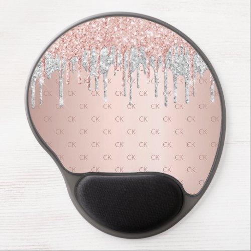 Rose gold blush silver glitter drips monogram gel mouse pad