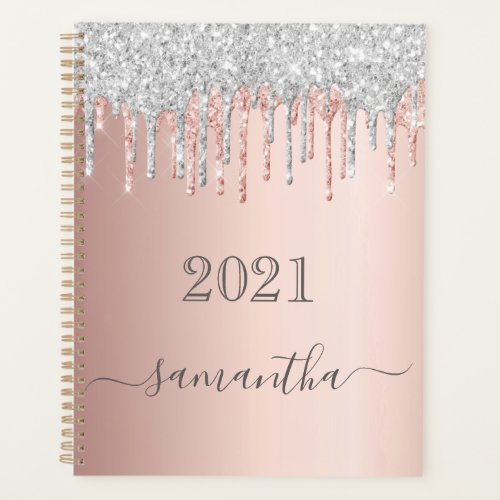 Rose gold blush silver glitter drips monogram planner