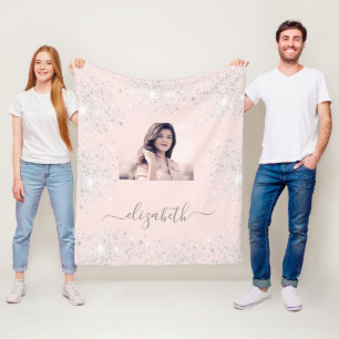 Rose gold blush silver glitter photo name glam fleece blanket