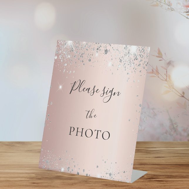 Rose gold blush silver glitter photo sign  (Creator Uploaded)
