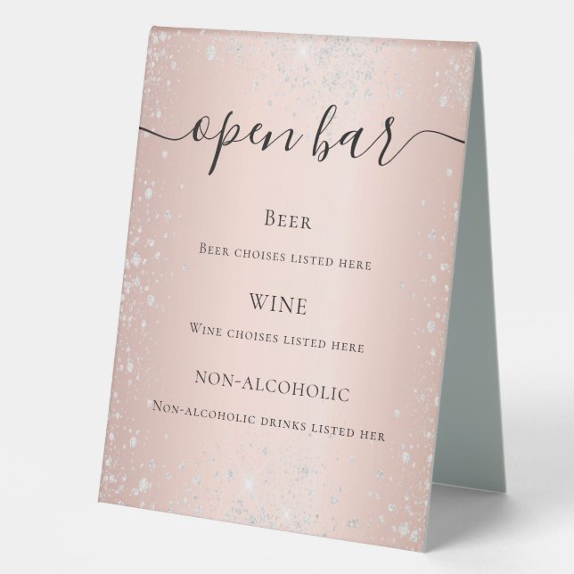 Rose gold blush silver glitter script bar menu table tent (Front)