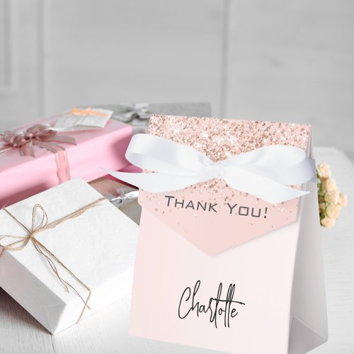 Rose gold blush sparkles name elegant thank you favor boxes