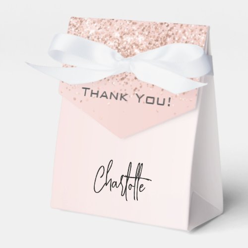 Rose gold blush sparkles name elegant thank you favor boxes