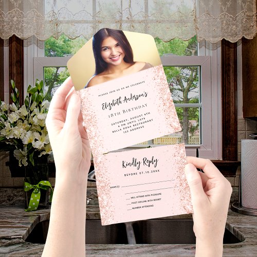 Rose gold blush sparkles photo birthday rsvp all in one invitation