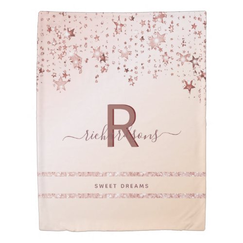 Rose gold blush stars glitter quote monogram duvet cover