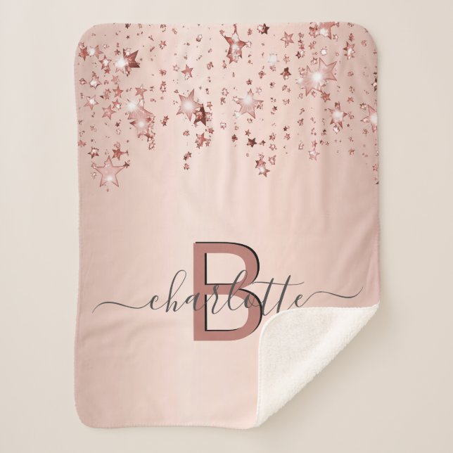 Rose gold blush stars monogram name elegant sherpa blanket (Front)