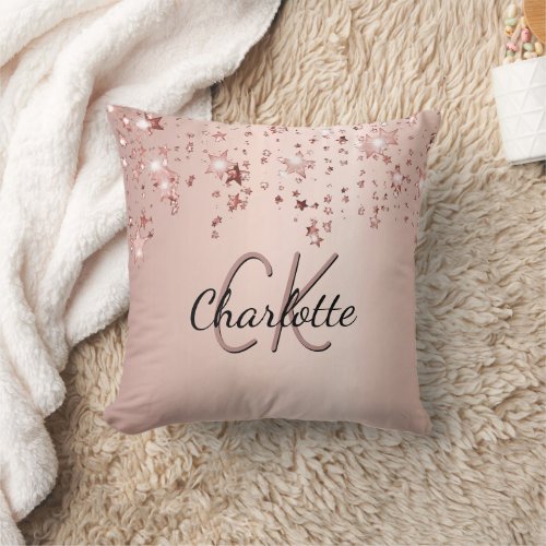 Rose gold blush stars monogram name  throw pillow