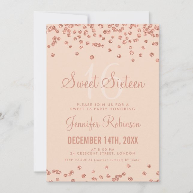 Rose Gold Blush Sweet 16 Birthday Glitter Confetti Invitation (Front)