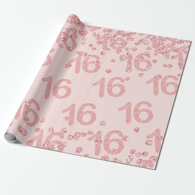 Rose Gold Blush Sweet 16 Birthday Party Glitter Wrapping Paper (Unrolled)