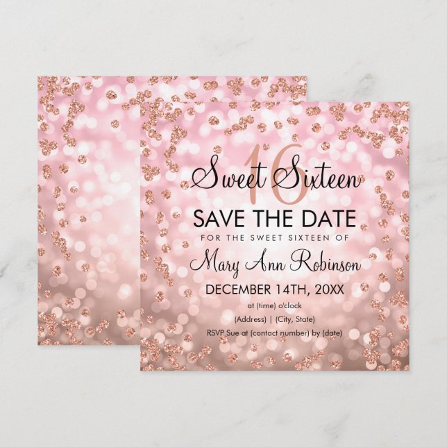 Rose Gold Blush Sweet 16 Sixteen Glitter Lights Invitation (Front/Back)