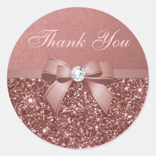 Rose Gold Blush Thank You Glitter Diamonds Bow Classic Round Sticker