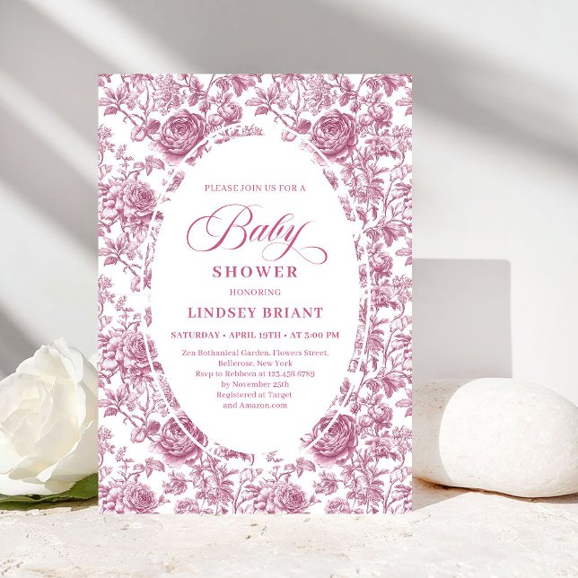 Rose Gold Blush Toile Roses Floral Baby Shower  Invitation (Rose Gold Blush Toile Roses Floral Baby Shower Invite)
