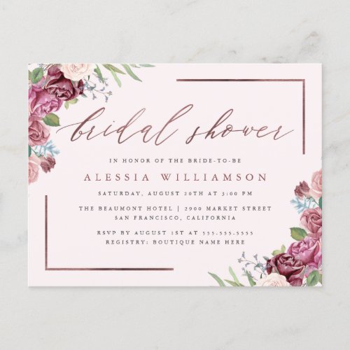 Rose Gold Blush Watercolor Floral Bridal Shower Invitation Postcard