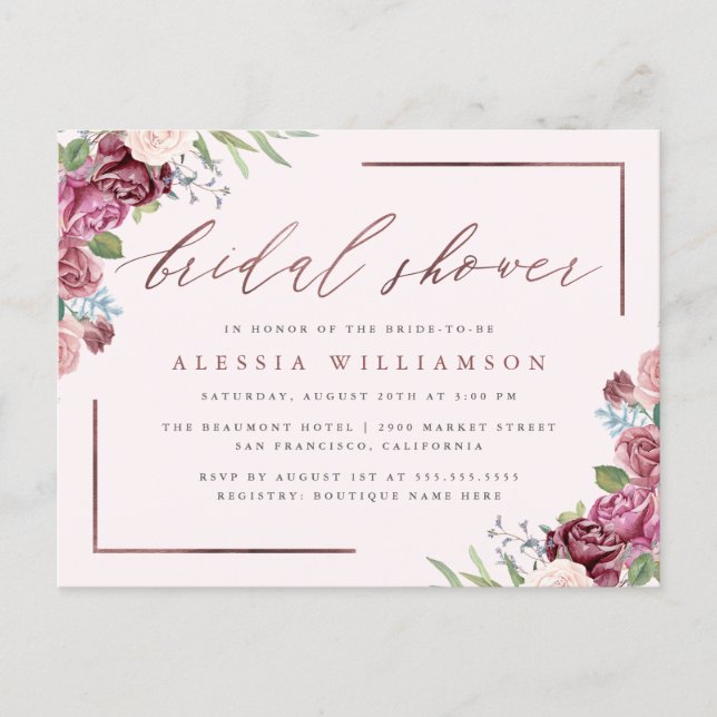 Rose Gold Blush Watercolor Floral Bridal Shower Invitation Postcard (Front)