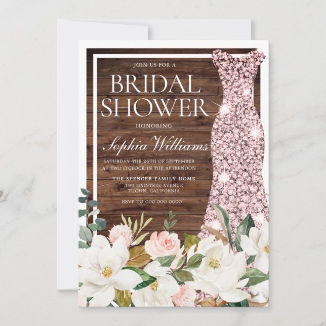 Rose Gold Blush White Border Rustic Bridal Shower Invitation (Front)
