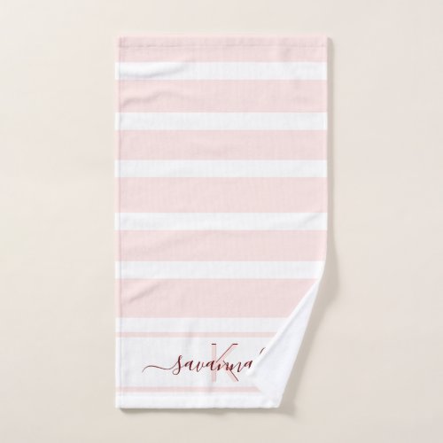 Rose gold blush white stripes monogram name hand towel 