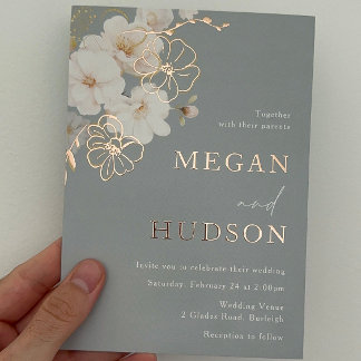 Rose Gold & Blush Wildflowers Wedding Dusty Blue Foil Invitation