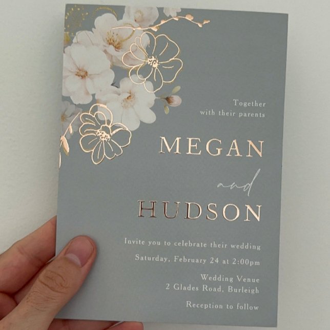Rose Gold & Blush Wildflowers Wedding Dusty Blue Foil Invitation (Creator Uploaded)