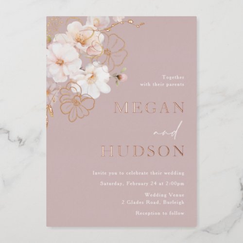 Rose Gold  Blush Wildflowers Wedding Dusty Rose Foil Invitation