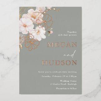Rose Gold & Blush Wildflowers Wedding Sage Green Foil Invitation