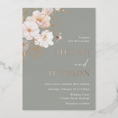 Rose Gold  Blush Wildflowers Wedding Sage Green Foil Invitation