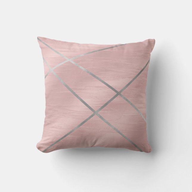 Rose Gold Blushing Pink & Silver Lines Throw Pillow (Front)