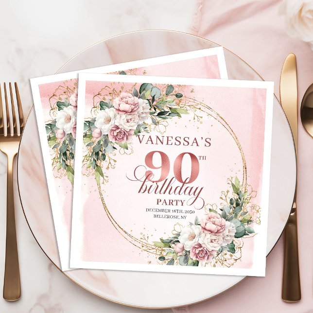 Rose Gold Bohemian Greenery 90th Birthday Party  Napkins (Rose Gold Bohemian Greenery 90th Birthday Party Napkins)