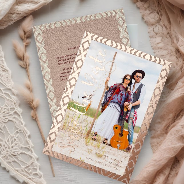 Rose Gold Bohemian Tribal Textile Background Photo Foil Invitation (Real Rose Gold Bohemian Tribal Textile Texture Background Photo Couple Metallic Foil Save the Date.)