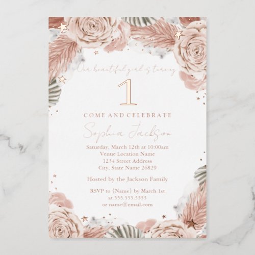 ROSE GOLD Boho Blush Starfish Beach 1st Birthday  Foil Invitation